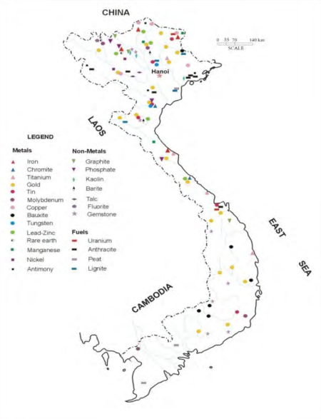 Carte des ressources minérales au Viêtnam